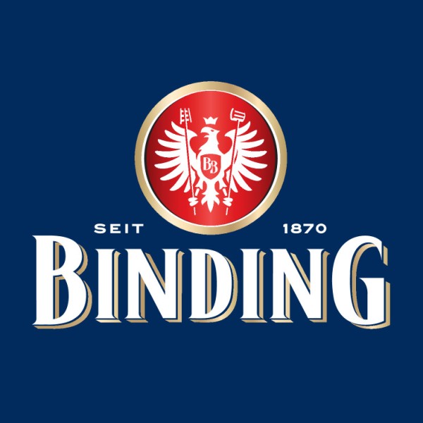 Logo mit einem roten Kreis, goldenen Ähren und einem Adler, darunter der Schriftzug Binding, auf blauem Hintergrund.