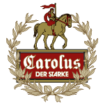 Ein rot goldenes Logo zeigt einen Reiter mit Banner über dem Schriftzug Carolus der Starke