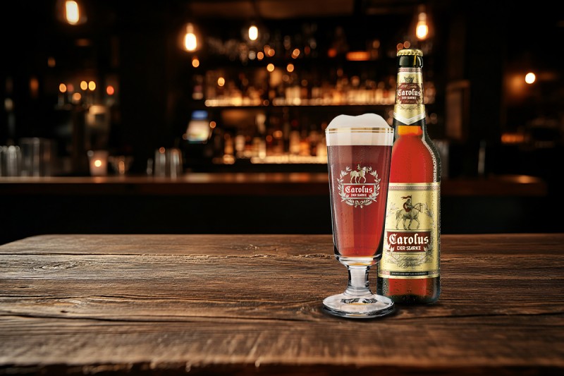 Ein Bierglas und eine Carolus-Flasche stehen auf einem rustikalen Holztisch, im Hintergrund sieht man verschwommen eine Bar.
