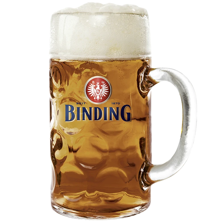 Großer gläserner Bierkrug mit kupferfarbenem Bier und Schaumkrone sowie Binding Logo.