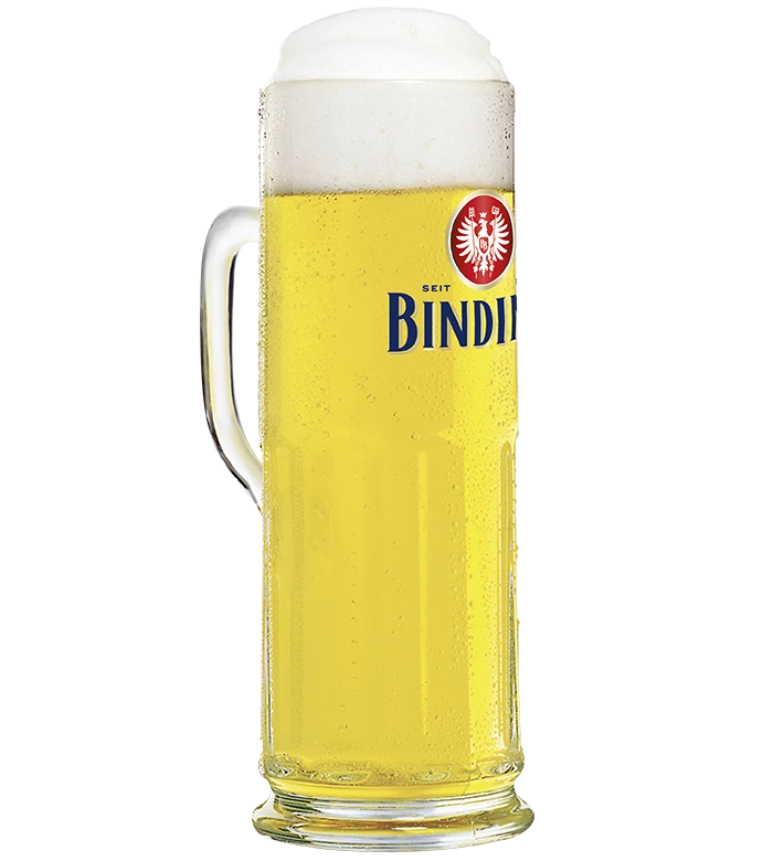 Hoher schlanker Bierkrug mit hellem Bier und Schaumkrone sowie Binding Logo.