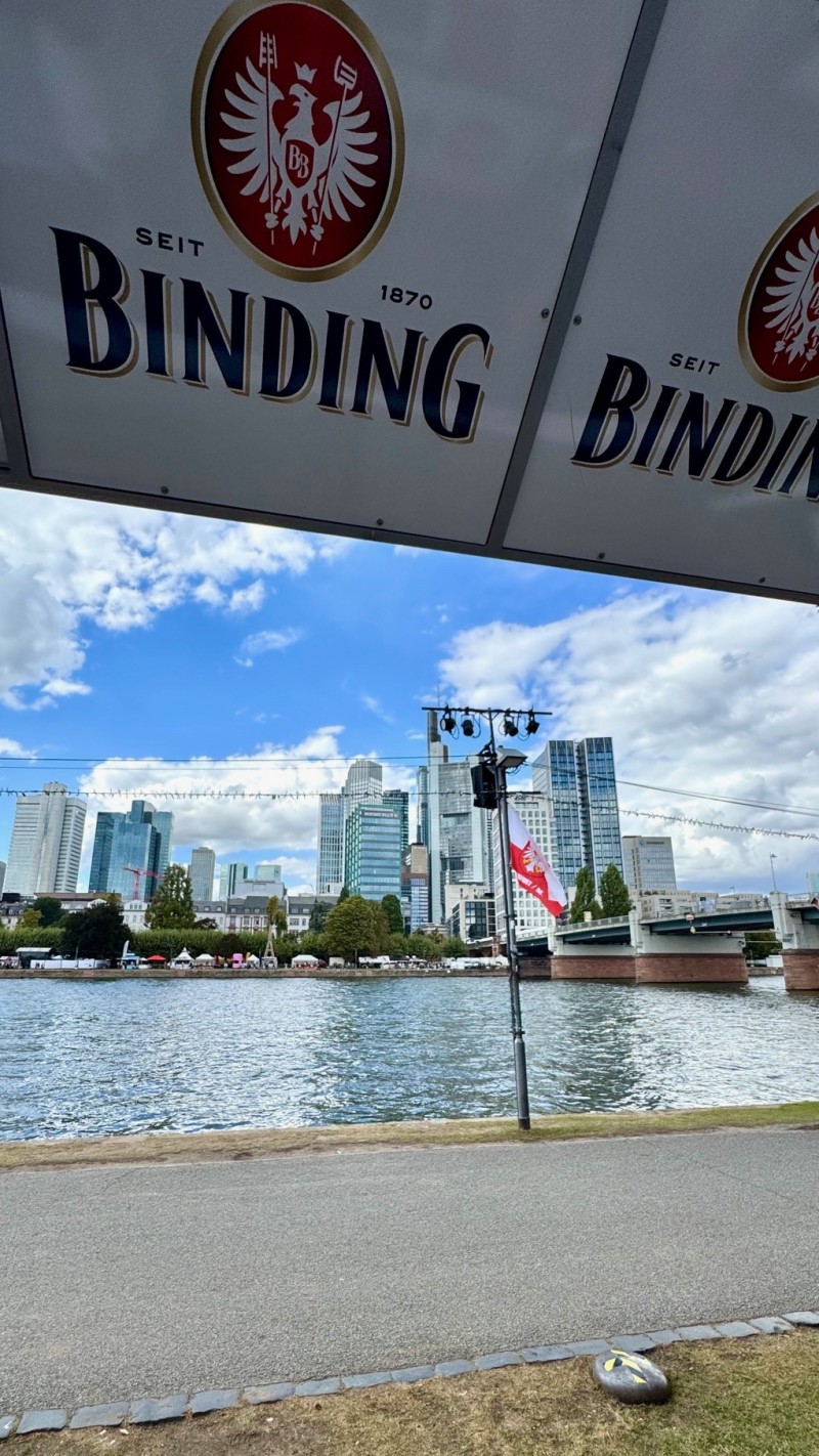 Blick vom Frankfurter Museumsufer auf die Skyline von Frankfurt.