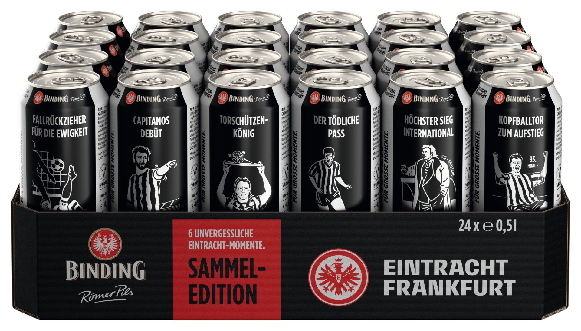 Eine Dosentray mit Getränkedose von Binding Römer Pils und Illustrationen von bekannten Spielern des Vereins Eintracht Frankfurt.